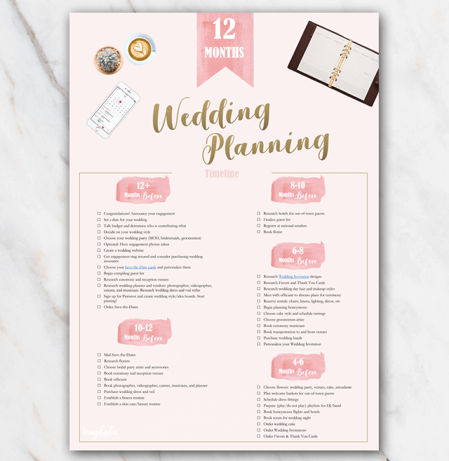1 year Printable Wedding Planner Checklist pink | FREE