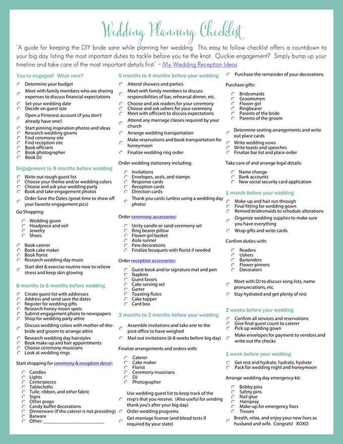 printable wedding reception checklist