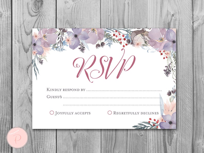 DOWNLOAD Purple Floral Wedding RSVP Printable Cards WI52