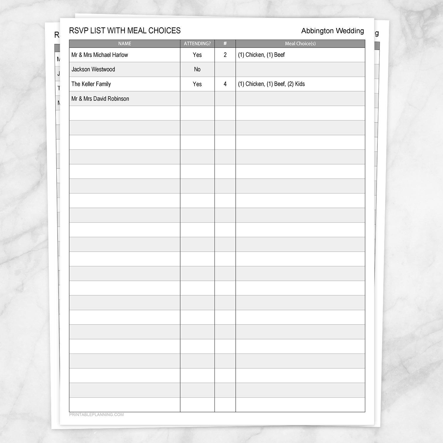 RSVP List with Meal Choices - Printable at Printable Planning for ...