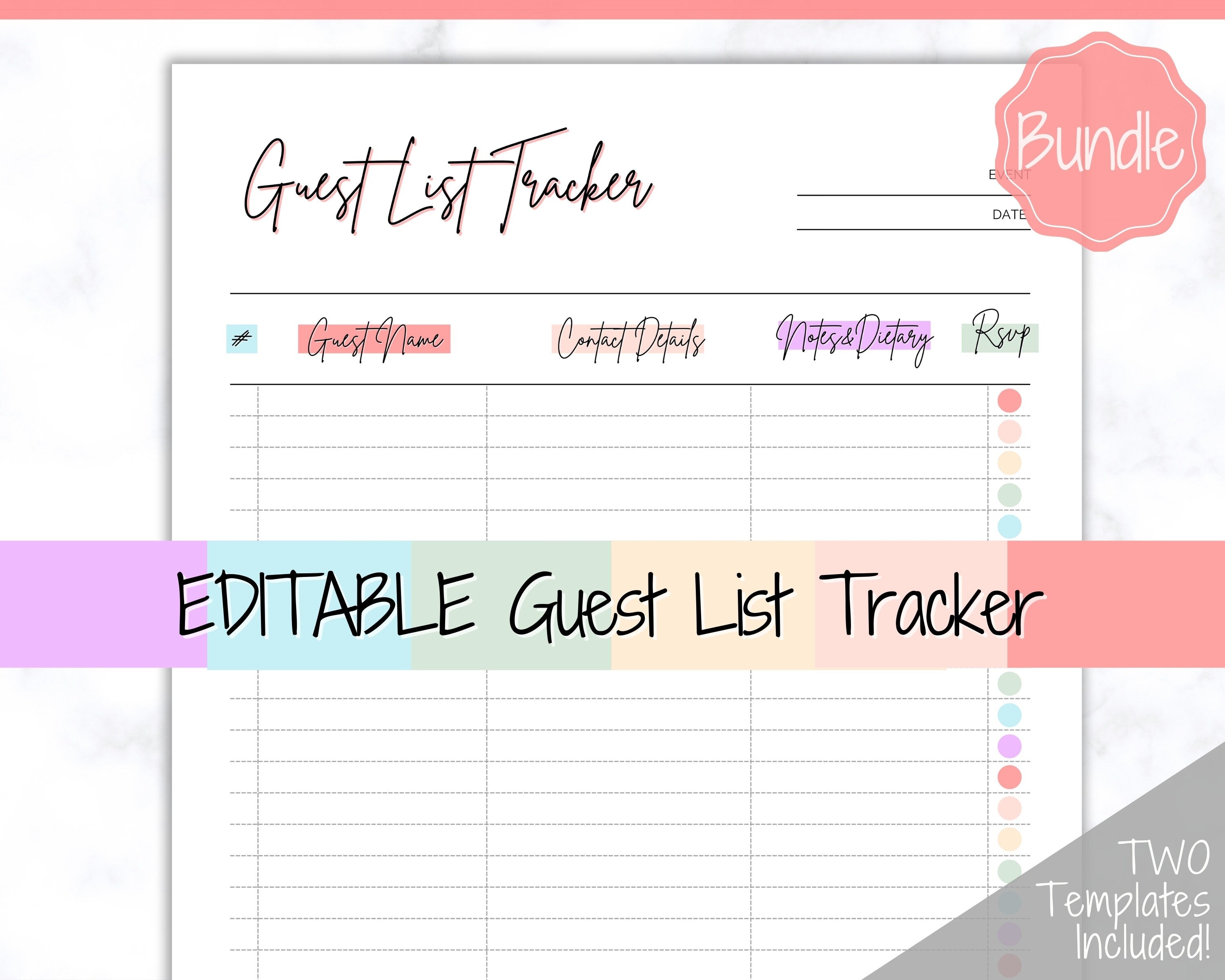 Editable Guest List Tracker | Wedding Planner Printable - Style 2