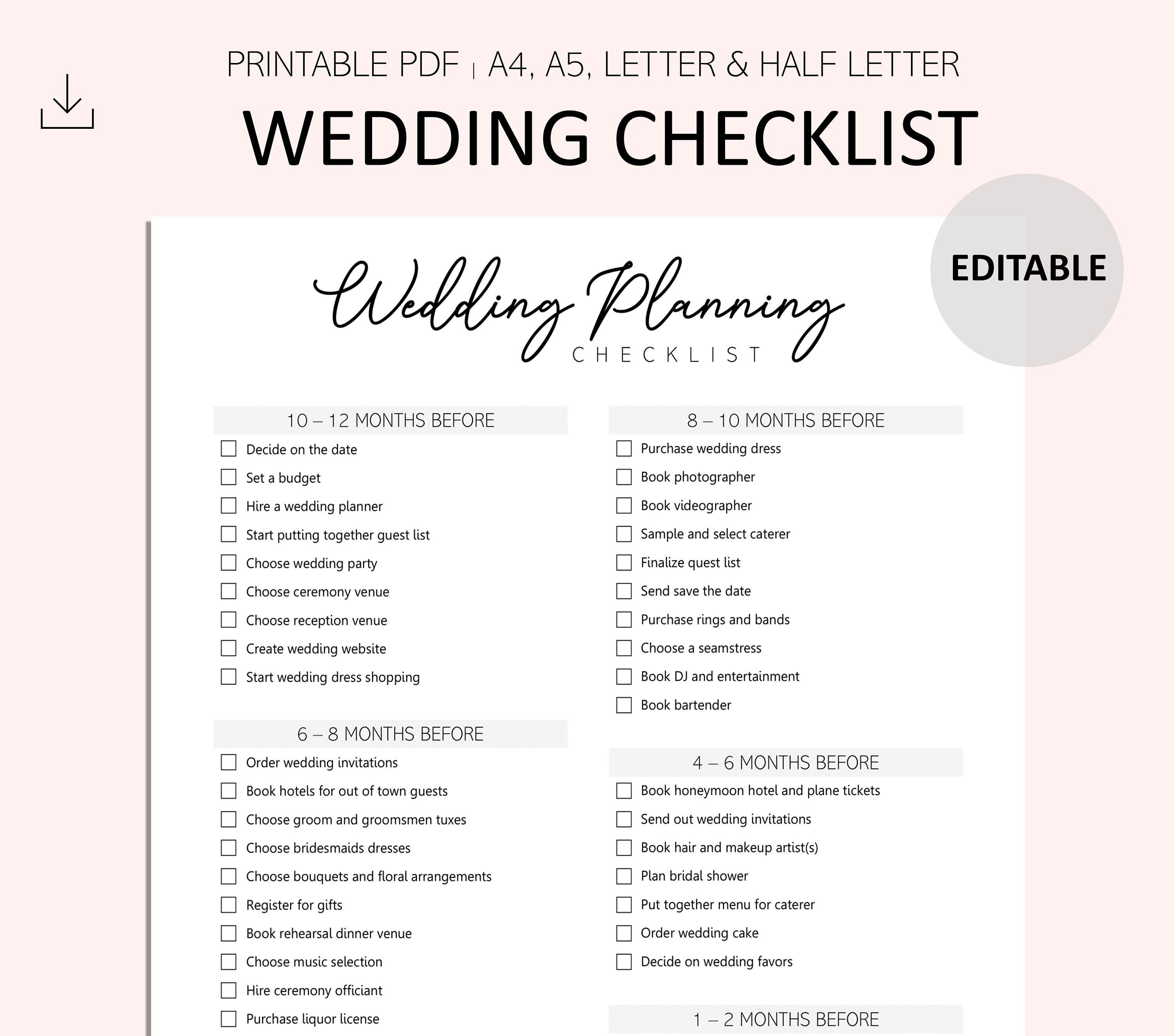 Editable Wedding Planning Checklist Wedding Planning Printable Editable Wedding Planning Checklist Wedding Planning Printable