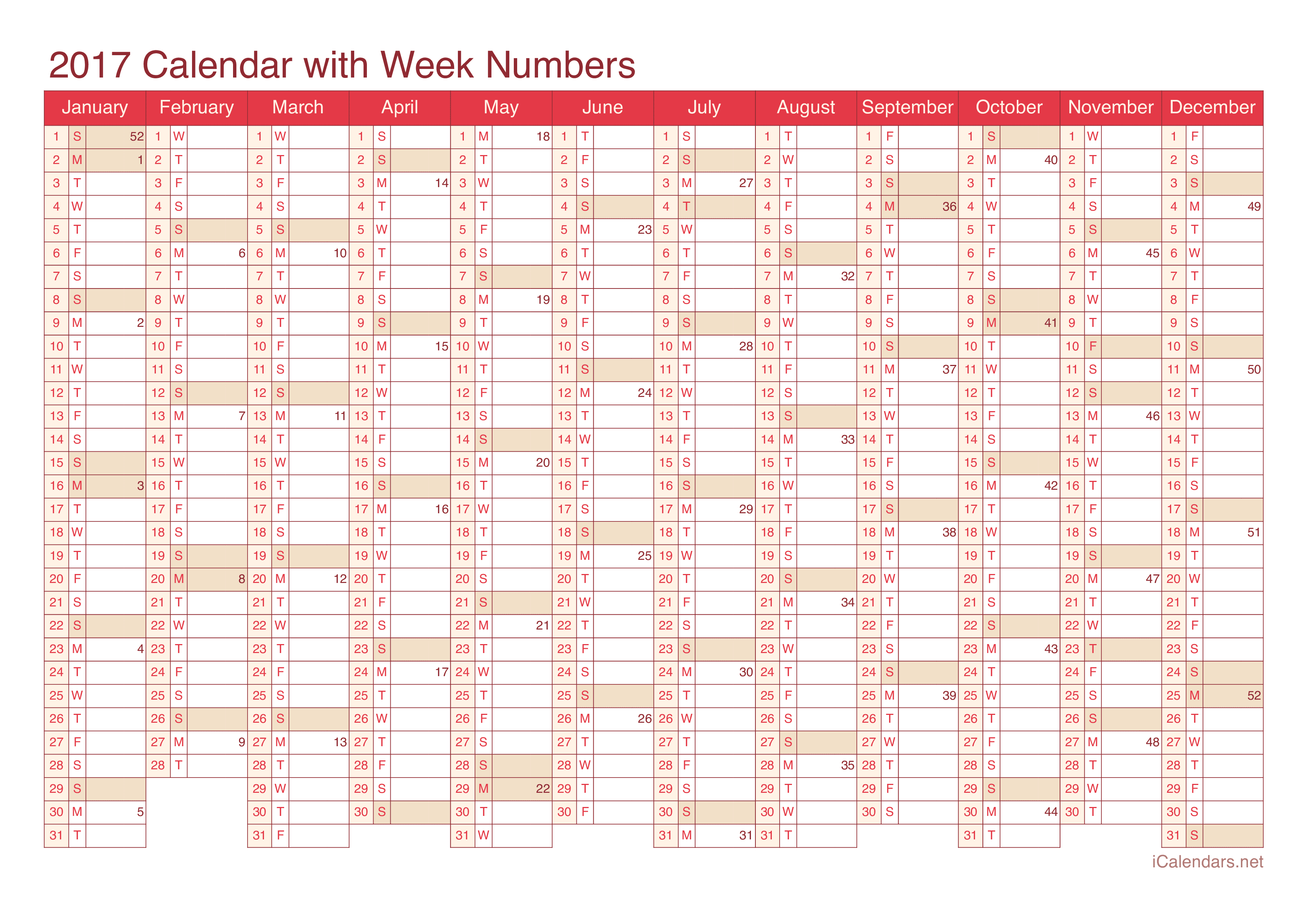 printable week numbers 2017