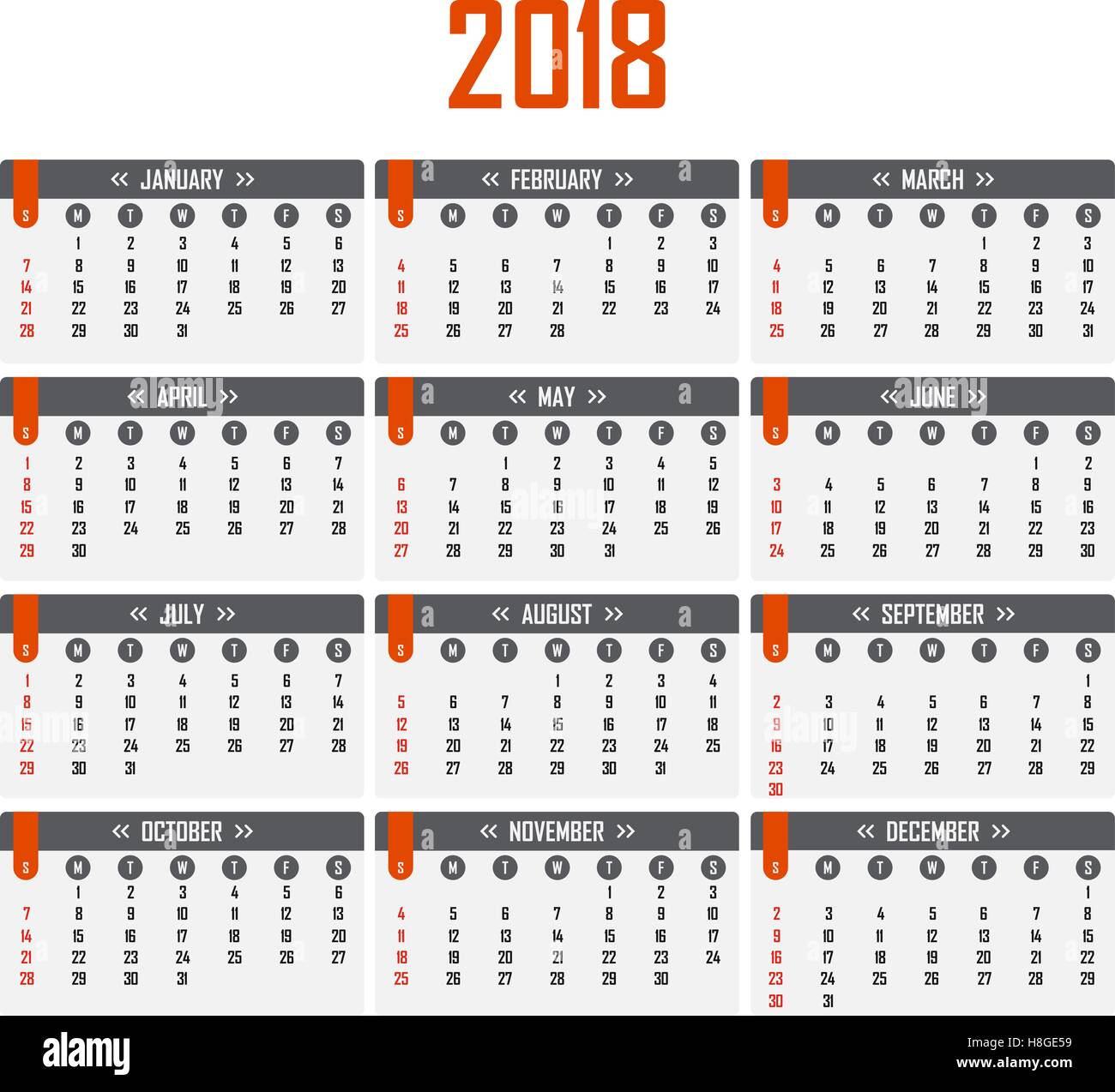 Calendar for 2018. Week starts on Sunday Stock Vector Image &  Art ...
