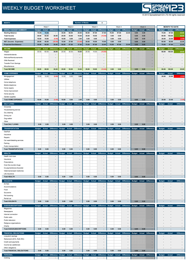 Weekly Budget and Bi-Weekly Spreadsheet for Excel