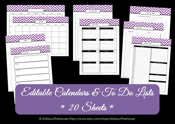 PURPLE EDITABLE to Do List and Calendar Set Perpetual Calendar ...