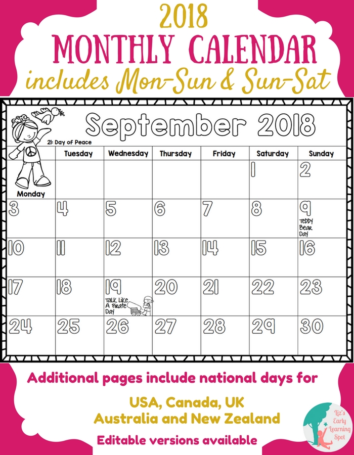 Free 2018 Monthly Calendars for Kids | Lizs Early Learning Spot
