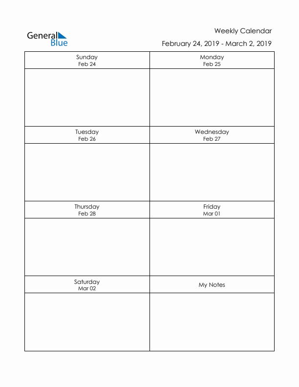 Blank Weekly Calendar in PDF, Word, and Excel for February 24 to ...
