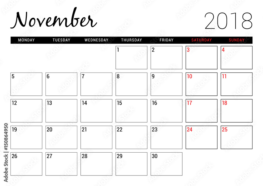 November 2018. Printable calendar planner design template. Week ...