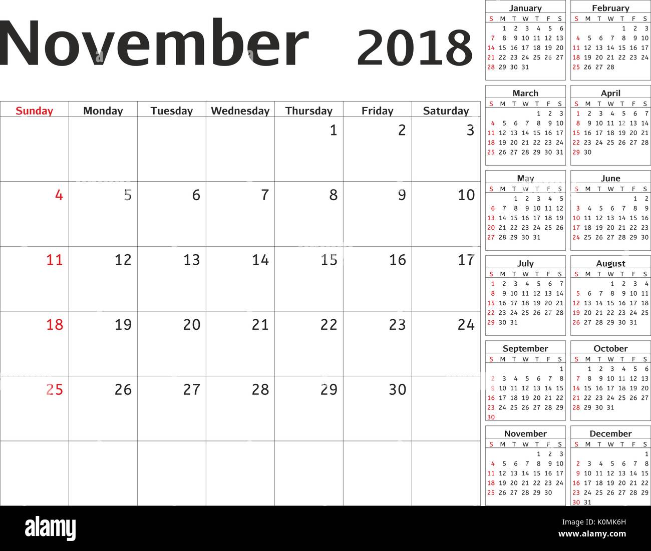 Simple calendar planner for 2018 year. Vector design November ...