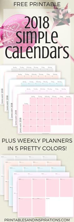 Free 2018 Simple Calendars And Planners In 5 Pretty Colors ...