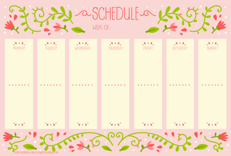 Weekly schedule with vintage flower design - Free printable ...
