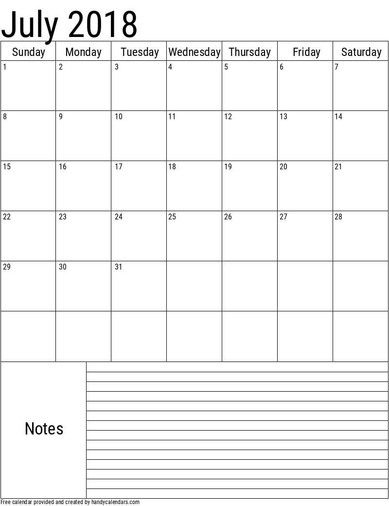 Printable Monthly Calendar Travelers Notebook Insert - July 2018 ...