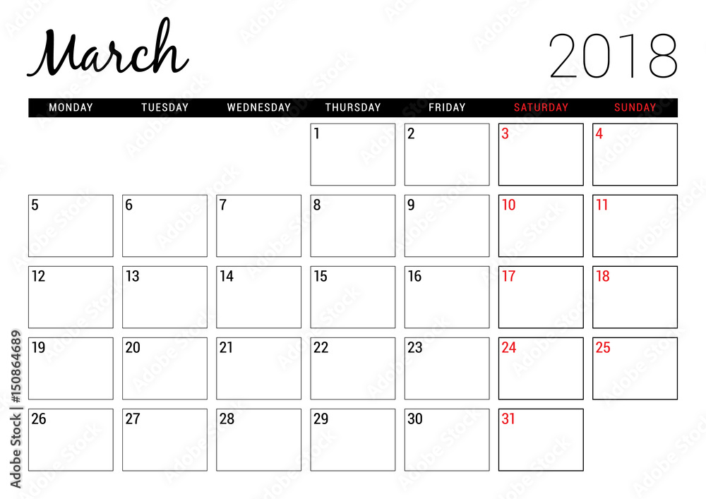 March 2018. Printable calendar planner design template. Week ...