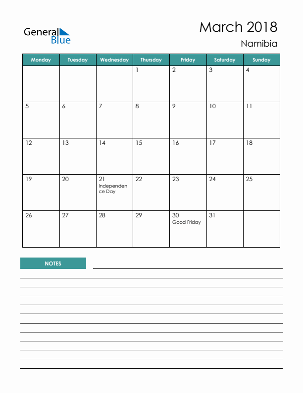 Monthly Planner with Namibia Holidays - March 2018