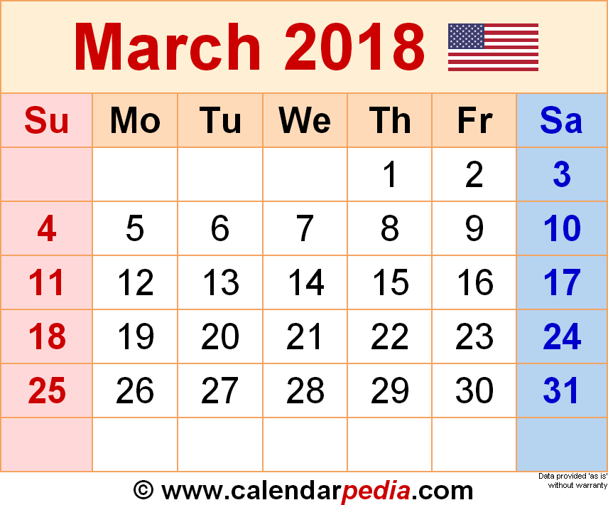 March 2018 Calendar | Templates for Word, Excel and PDF