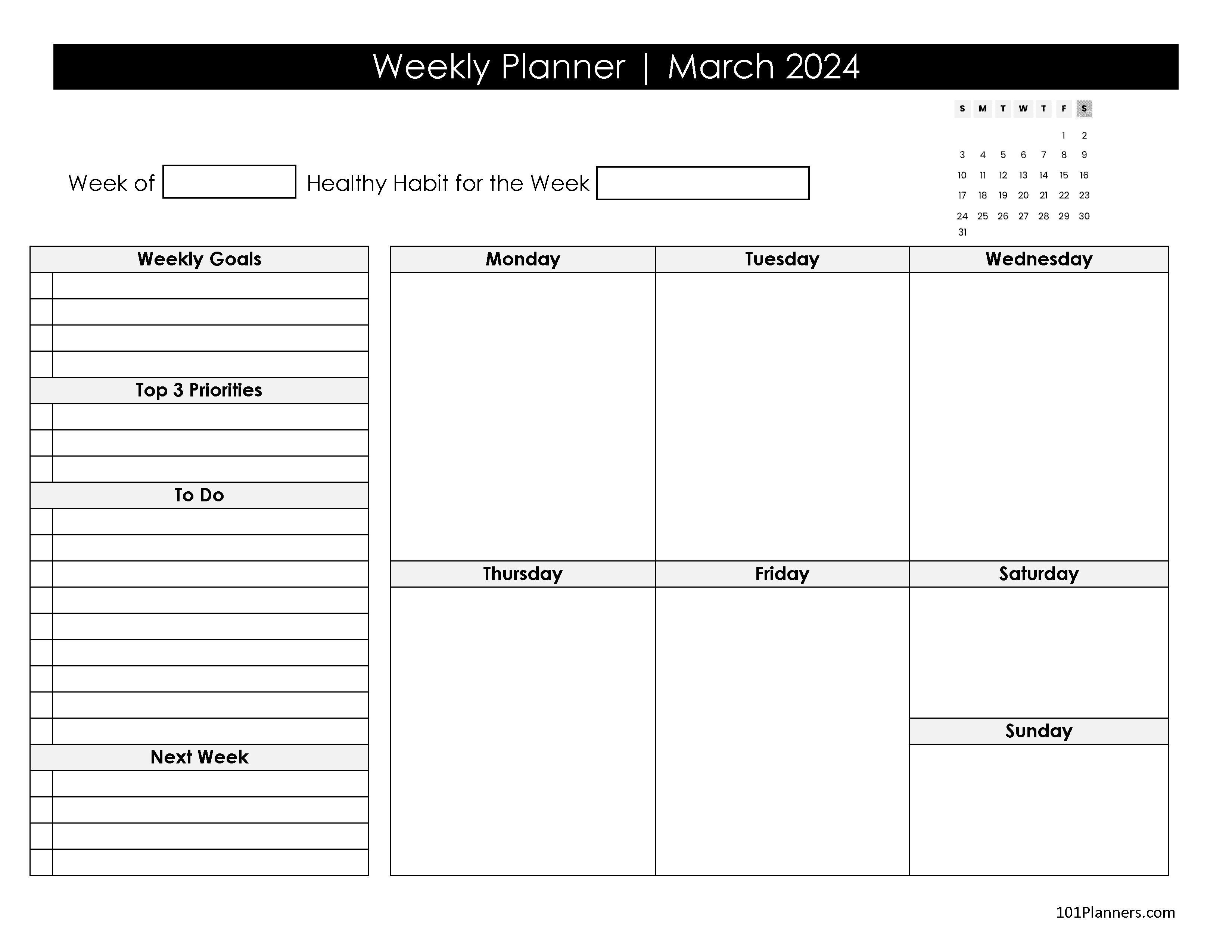 printable weekly planner march 2018