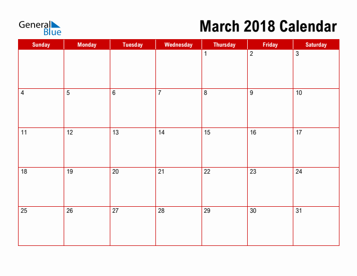 March 2018 Monthly Calendar (PDF, Word, Excel)