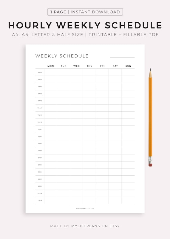 Hourly Weekly Schedule Printable, Weekly Planner, Week at a Glance ...