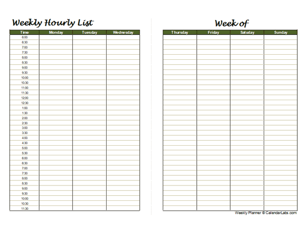 Printable Hourly Weekly Planner - Free Printable Templates