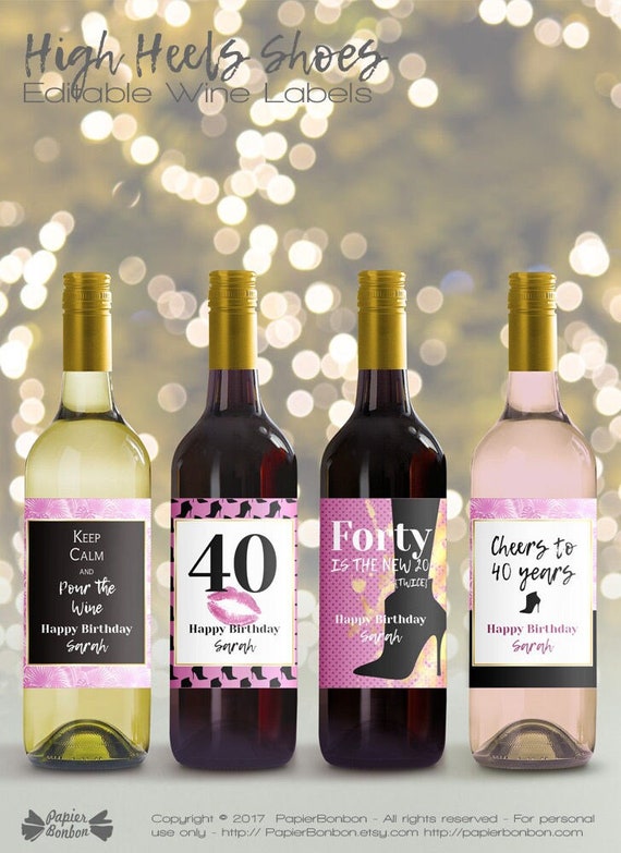 Editable Wine Bottle Labels for 40th Birthday Printable, Custom ...