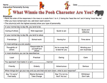 printable winnie the pooh personality test