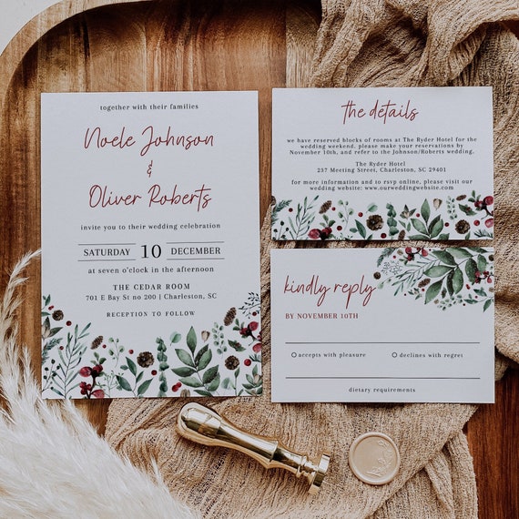 Christmas Wedding Invitation Template Set, Winter Wedding ...