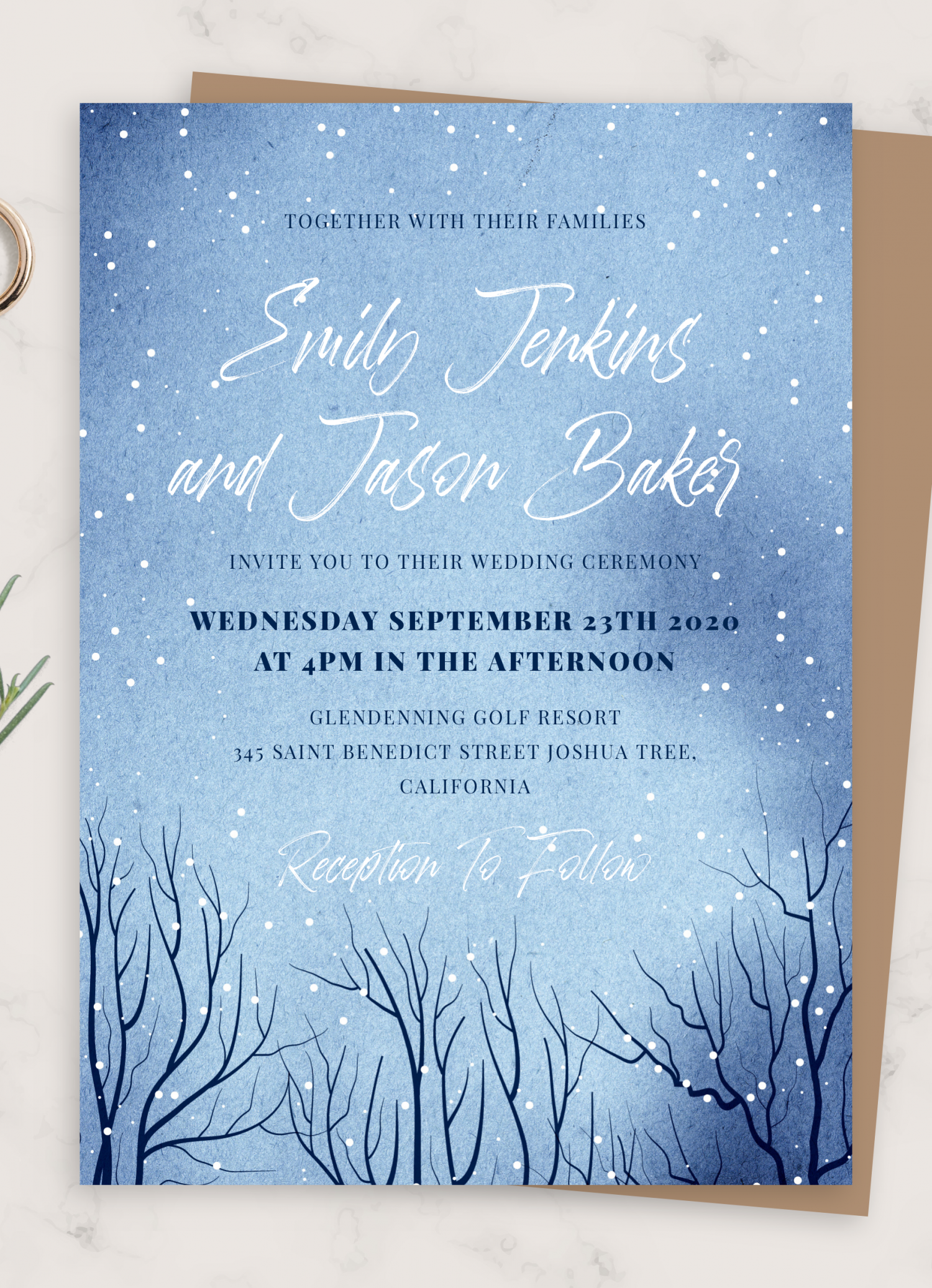 Download Printable Snowfall Winter Wedding Invitation PDF