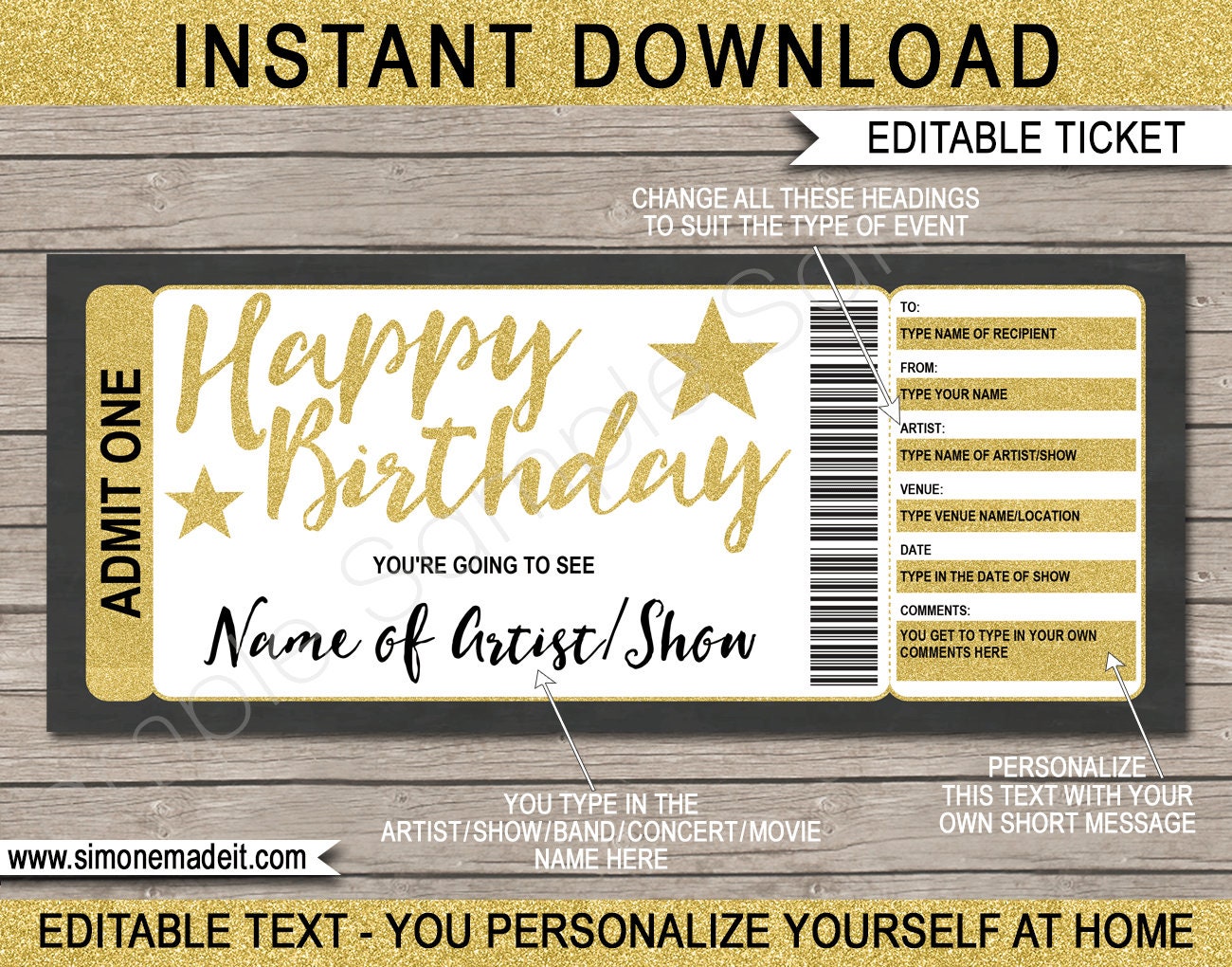 Printable Concert Ticket Template Birthday Gift Voucher Surprise ...