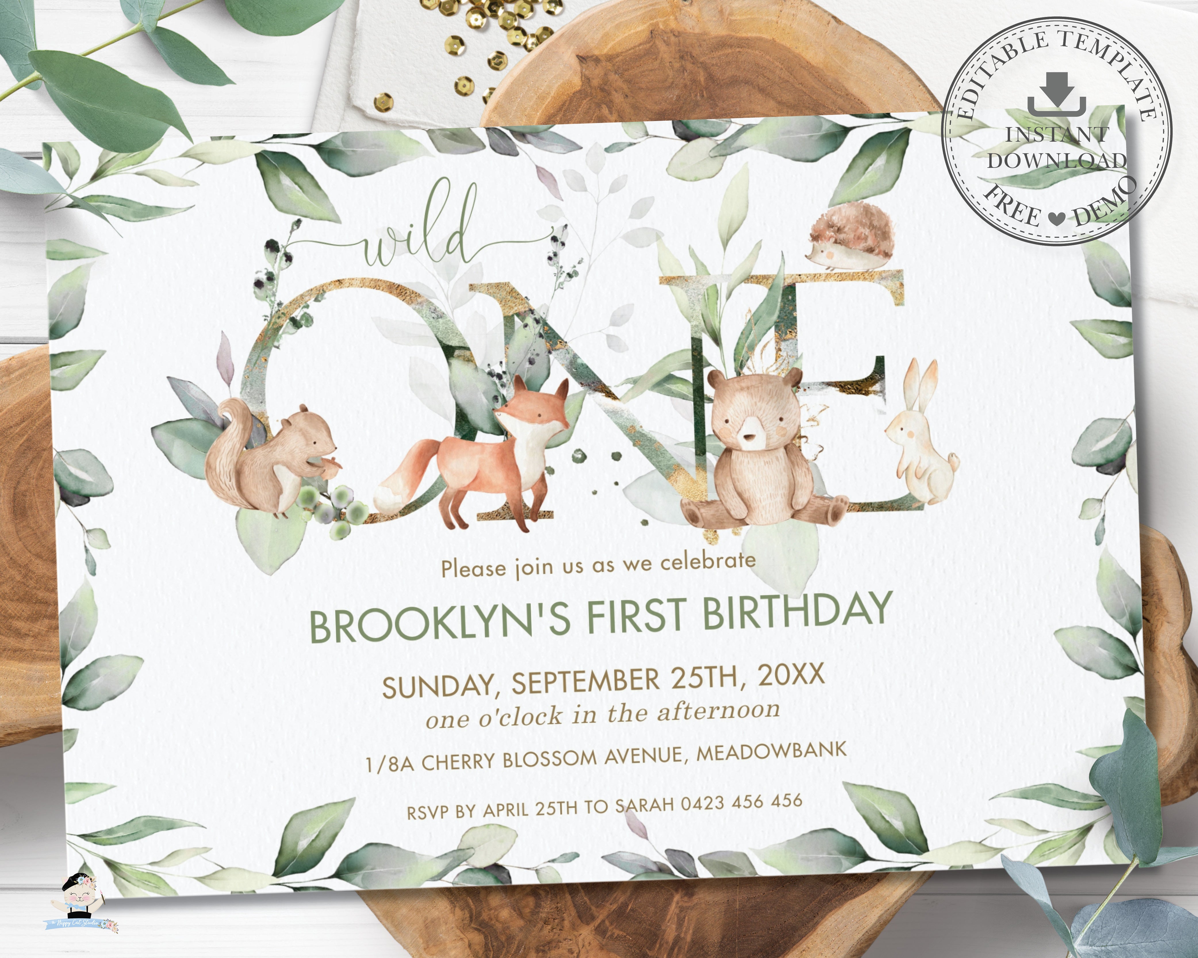 Chic Woodland Animals Greenery ONE 1st Birthday Invitation Editable  Template - Digital Printable File - Instant Download - WG12