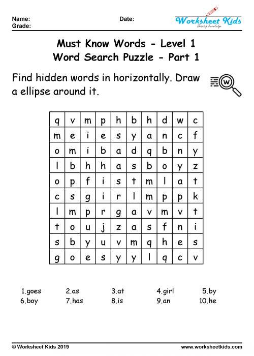 Word search puzzle: 100 Must know words for 1st grade - Worksheets ...