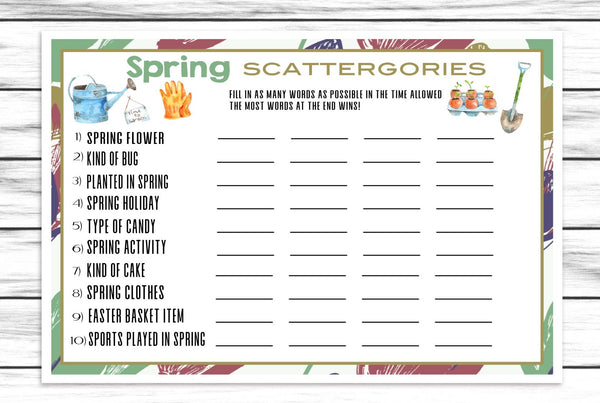 Spring Party Scattergories Game, Kids Or Adults Spring Printable ...
