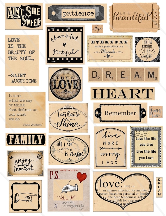 Digital collage sheet Words sentences Phrases quotes inspirational  motivation, Words collage sheet, vintage labels Junk Journal
