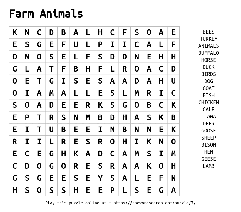 Download Word Search on Farm Animals