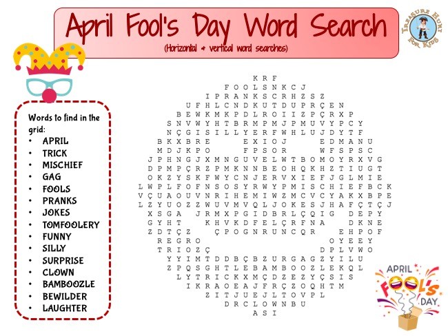 April Fools Day Word Search puzzle - FREE game - Treasure hunt 4 Kids ...