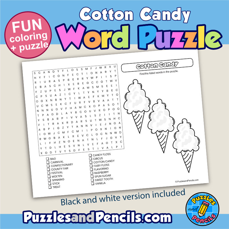 Cotton Candy Word Search Puzzle Activity Page with Coloring ...