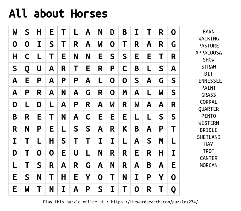 printable word search horses