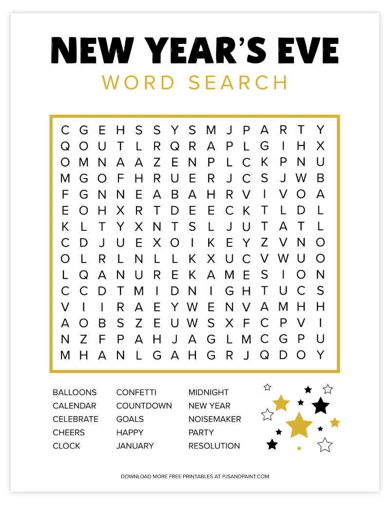 Free Printable New Years Eve Word Search - Pjs and Paint