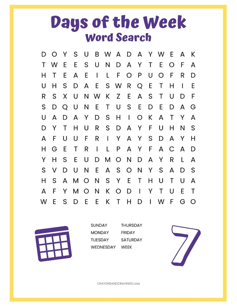 Days of the Week Word Search - FREE Printable Word Search for Kids