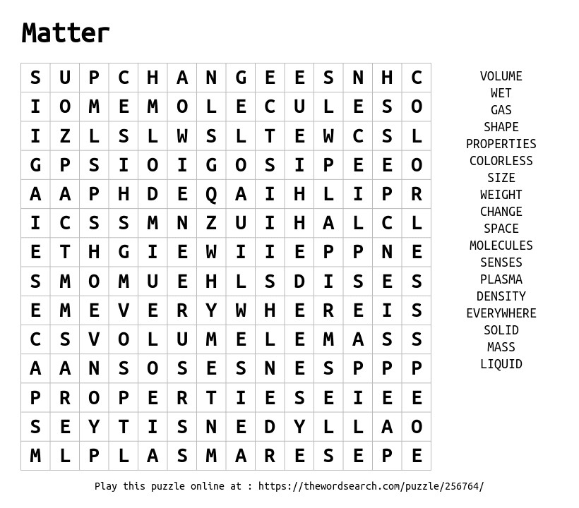 printable word search on matter