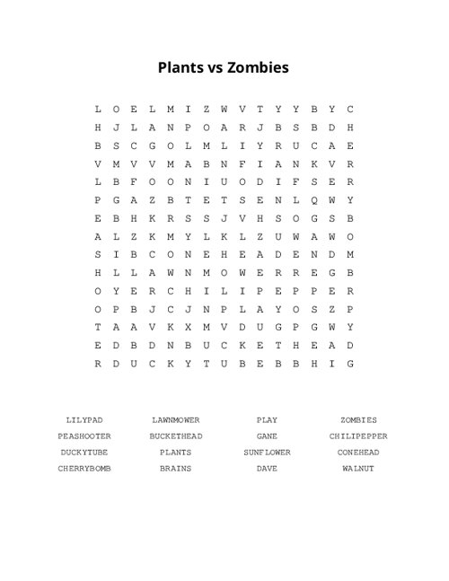Plants vs Zombies Word Search