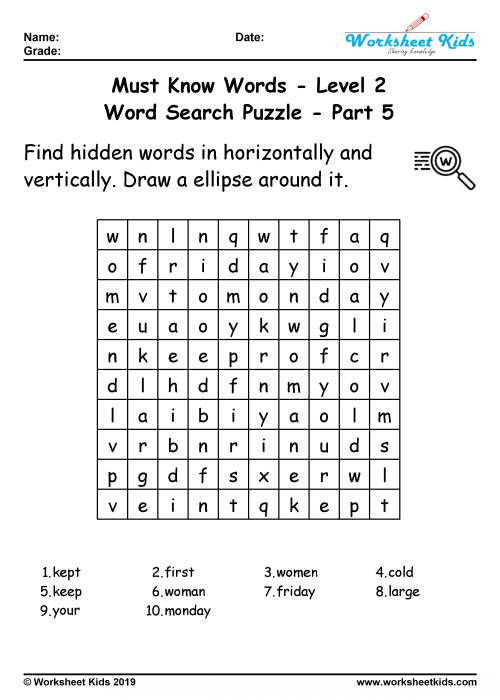 Word search puzzle: 100 Must know words for 2nd grade - Worksheets ...