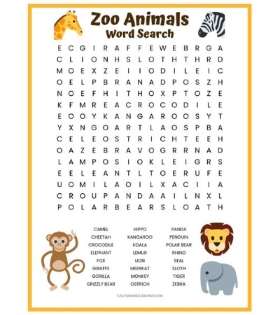 Zoo Animals Word Search FREE Printable