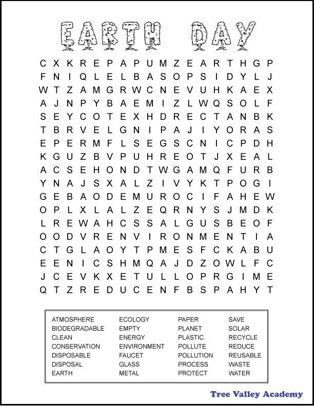 Printable Earth Day Word Search for 6th Graders &  Older