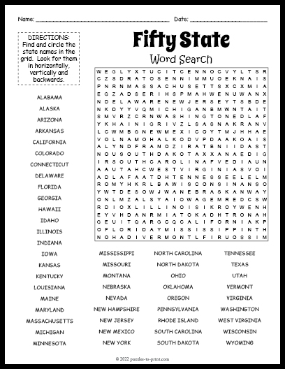 Fifty State Word Search - Printable Puzzles