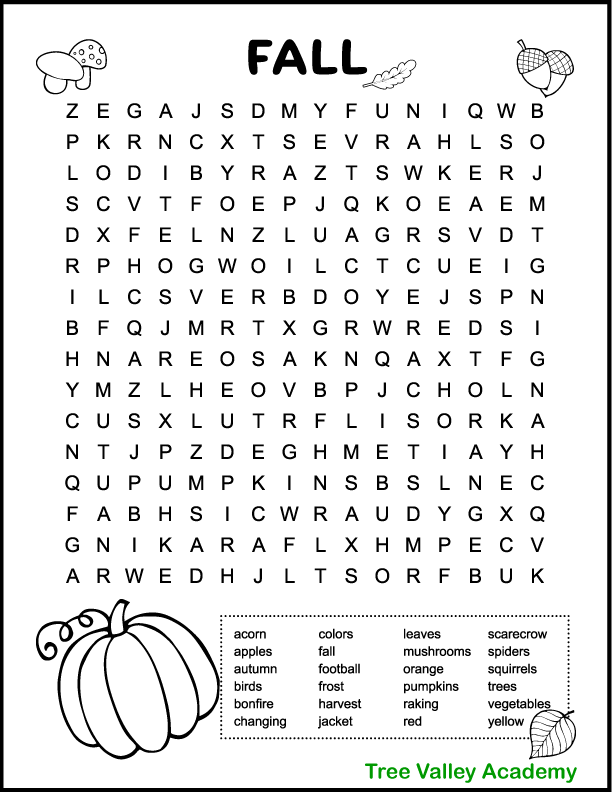 Printable Fall Word Searches for Kids - Tree Valley Academy