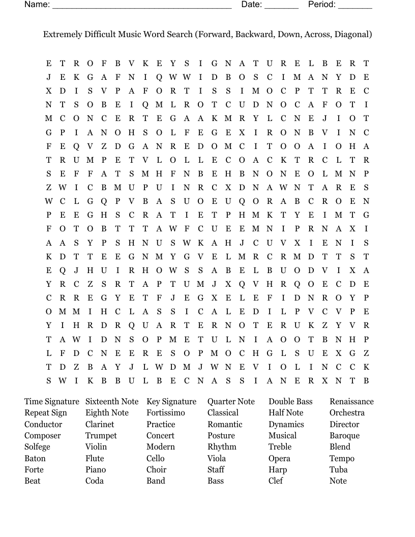 printable word searches music