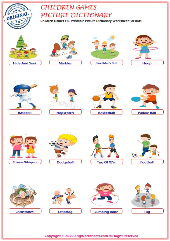 Children Games Printable English ESL Vocabulary Worksheets ...
