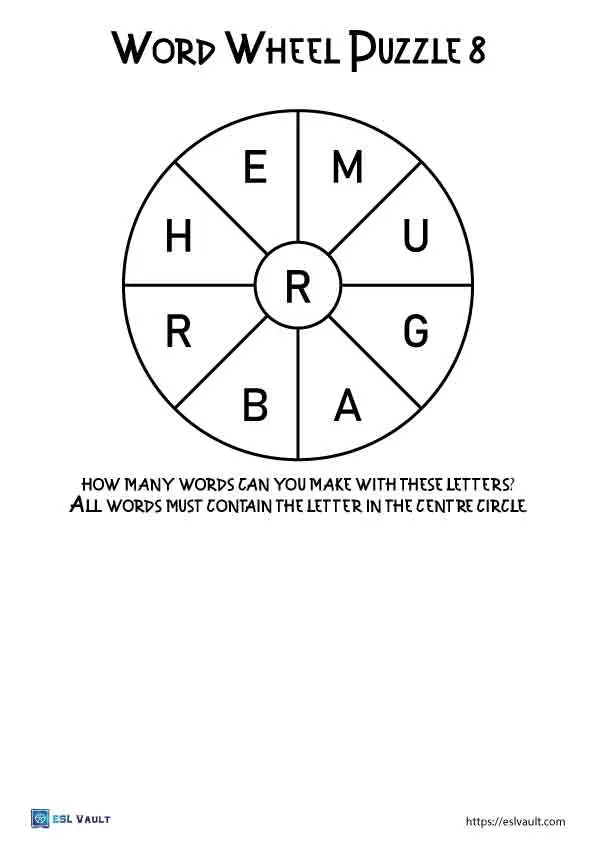 17 free word wheel puzzle printables - ESL Vault