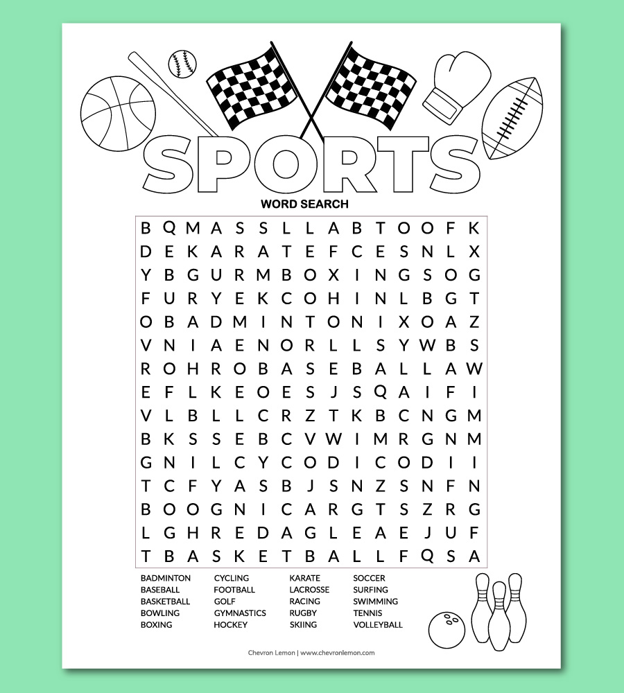 Printable sports word search puzzle - Chevron Lemon